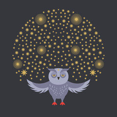 Owl with snowflakes . Christmas and New Year theme. Illustration for flyers, poster, Greeting cards, etc