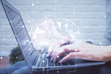 Multi exposure of woman hands working on computer and brain hologram drawing. Ai concept.