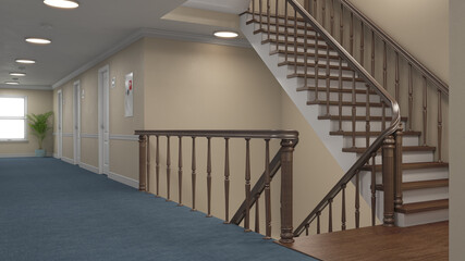 3D render of a stair in hotel with blue carpet and light-brown walls. 3d illustration