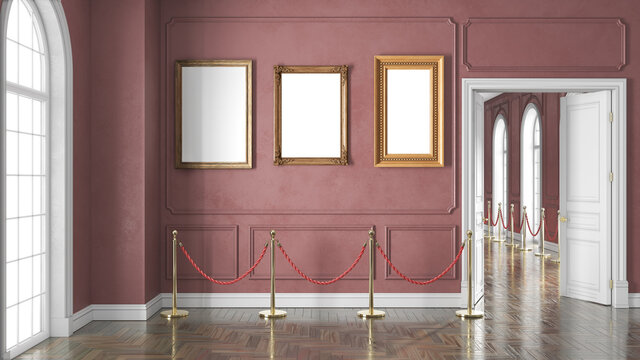 3D render of a classic gallery hall decorated in red color with wooden floor. 3d illustration
