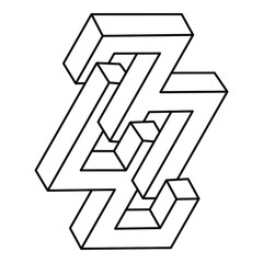 Impossible shapes. Sacred geometry figures. Optical illusion. Abstract eternal geometric object. Impossible endless outline shapes. Op art. Impossible geometry symbol on a white background.