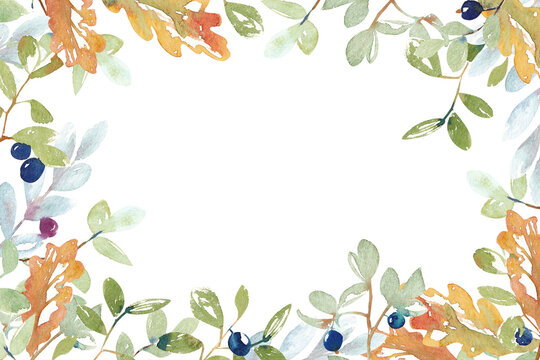 watercolor frame. Hand-drawn oak leaves and berries on a light background. suitable for backgrounds, cards, posters, invitations - Powered by Adobe
