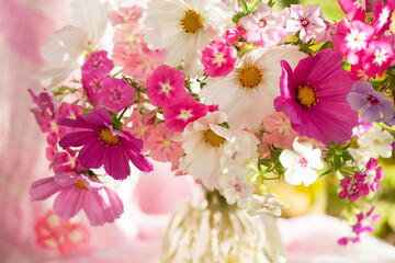 Floral background, postcard with a fragment of a close-up of a bouquet and a vase, pink, white purple flowers of cosmos and annual phlox on a green pink backdrop, selective focus, blur.