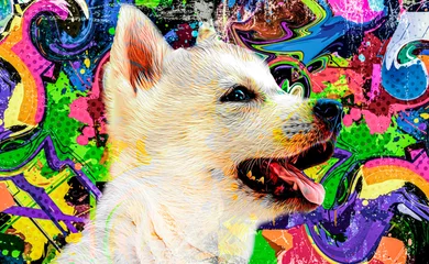 Zelfklevend Fotobehang chihuahua dog head with creative colorful abstract elements on dark background © reznik_val