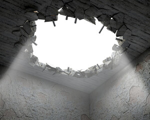A hole in a ceiling broken on pieces and metal carcass parts, illuminated by the light from outside, 3d illustration