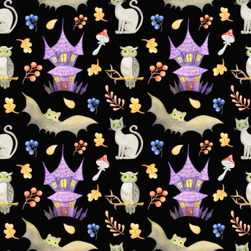 Seamless watercolor halloween pattern isolated on black background.Hand drawn cartoon illustration with haunted house,owl,gray cat,berries,fly agaric,oak leaf.Use for wrapping,children textile.
