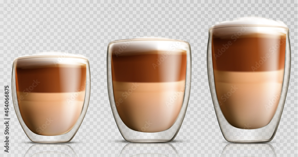 Poster Set of realistic glossy glass cups with double wall full of hot cappuccino or latte.