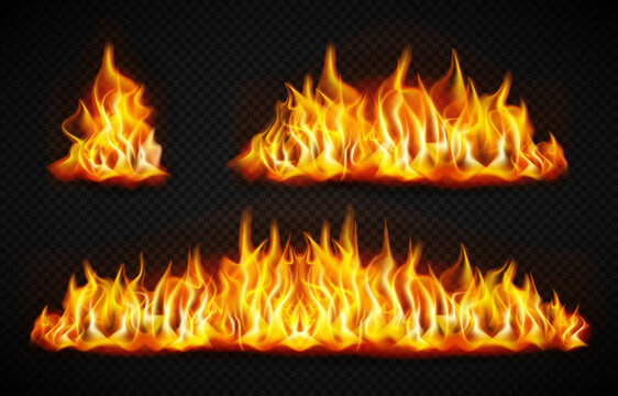 Realistic fire flames set on transparent background