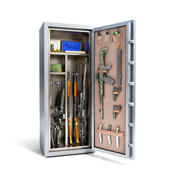 Opened Steel Safe Full Of Weapons, Gun Locker, Isolated On A White Background, 3d Illustration