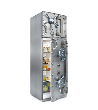 Concept Of An Opened Fridge With A Safe Door And Food In It, Isolated On White Background, 3d Illustration