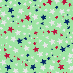 Stars. Repeating vector pattern. Isolated green background. Flat style. Seamless ornament in the colors of the USA flag. Delicate background. Idea for web design, packaging, wallpaper, covers