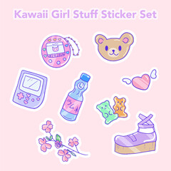 Kawaii girl stuff isolated sticker set. 90s aesthetic Japanese girl cute icons