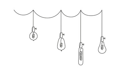 One continuous line drawing of lightbulbs. Vector illustration of Hanging Loft pendant Electric lamps with Edison bulbs in doodle style
