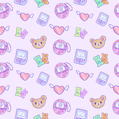 Seamless pattern with retro 90s girl toys, game console and cute bears