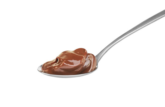 Chocolate cream in spoon on white background