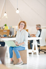 Fototapeta na wymiar Woman using laptop and smiling in office