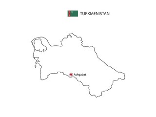 Hand draw thin black line vector of Turkmenistan Map with capital city Ashgabat on white background.