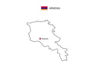 Fototapeta premium Hand draw thin black line vector of Armenia Map with capital city Yerevan on white background.
