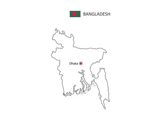 Hand draw thin black line vector of Bangladesh Map with capital city Dhaka on white background.
