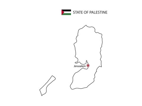 Hand draw thin black line vector of State of Palestine Map with capital city Jerusalem on white background.