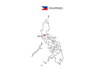 Hand draw thin black line vector of Philippines Map with capital city Manila on white background.