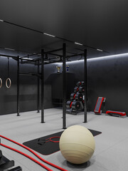gym interior in black color 3d illustration