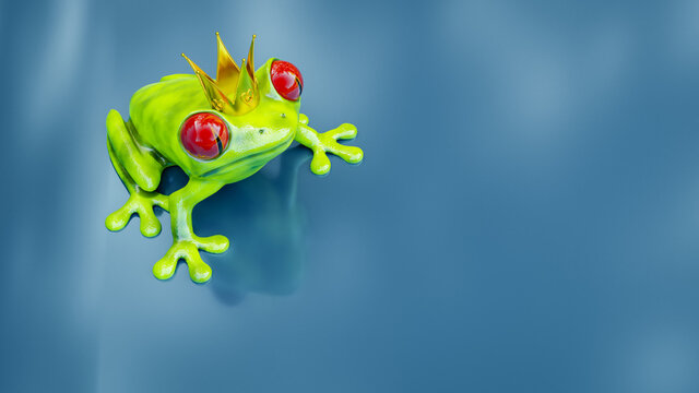 Frog Prince with golden crown on turquoise background
