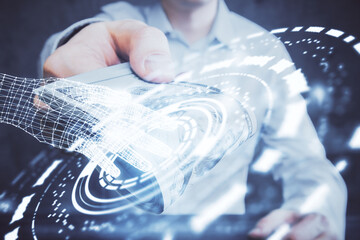 Double exposure of technology drawing hologram and us dollars bills and man hands. Data concept