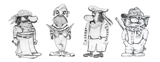 Pirates, a group of funny pirates. 
Drawing cartoon style.