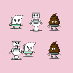 toilet, toilet paper and poop illustration. Cute illustration vector premium