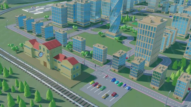 3D stylized city with moving vehicles. looped animation. 3d render