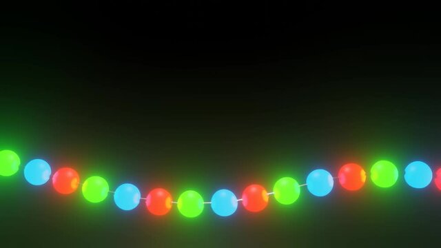 garland of red blue and green glowing spheres on a black background. looped animation. 3d render