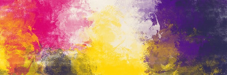 Unique painting art with yellow, purple and white oil paint brush for presentation, card background, wall