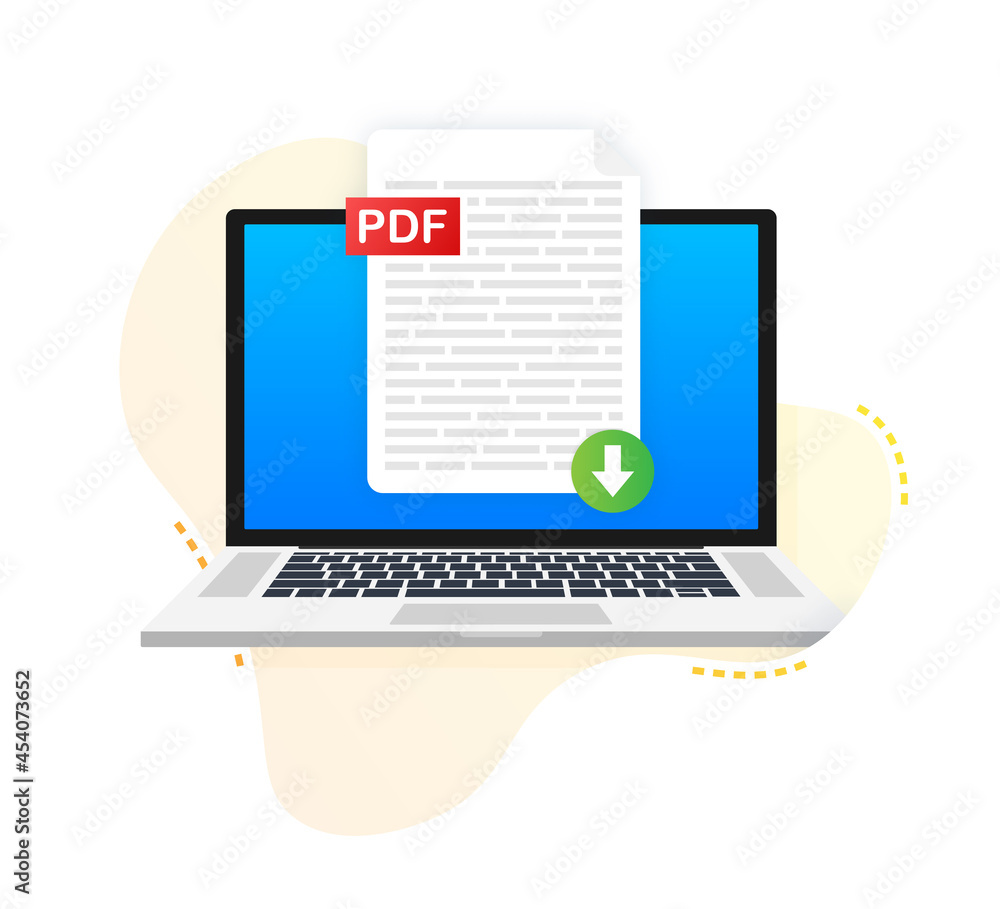 Poster download pdf button on laptop screen. downloading document concept. file with pdf label and down arr