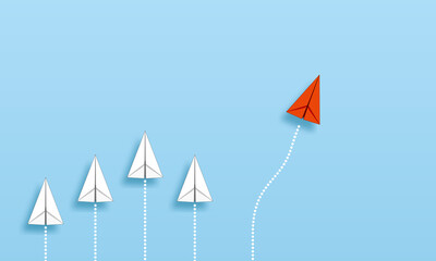 同じ方向に進んでいる紙飛行機のグループから、一つ別の方向へ抜け出した紙飛行機