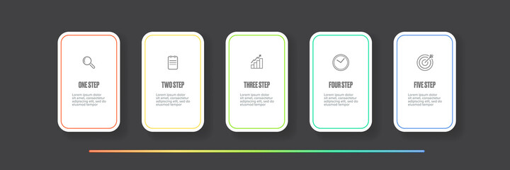 Business infographic line process with square template design with icons and 5 options or steps on grey background. Vector white progress paper modern web banners set design template