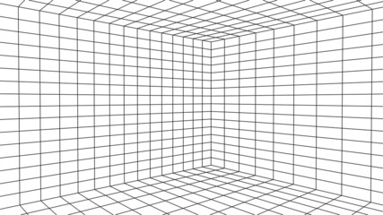 Wireframe room on the white background. Vector perspective grid. Box with digital space.