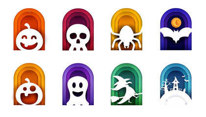 Happy halloween design composition. Collection cute elements in trendy minimalistic paper cut style isolated on white background. Modern vector illustration.