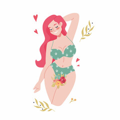 Obraz na płótnie Canvas Beautiful curvy female figure. Body positive feminism concept. Lingerie and swimsuit. Beach body, summer vibes. Female beauty and self love poster. Love your body print card, sticker, poster