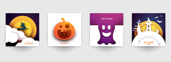 Happy halloween design background. Holiday collection cartoon composition in minimalistic modern layer style. Set templates for banner, poster, flyer, invitation card. Vector illustration.