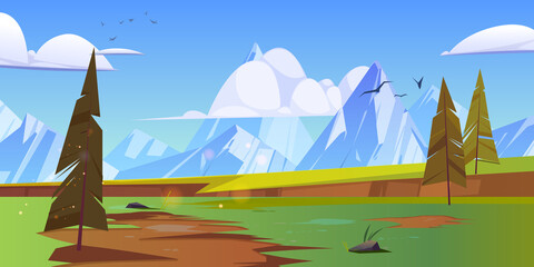 Fototapeta na wymiar Cartoon nature landscape with mountain peaks, cliff, green field and conifers trees. Rocks and spruces under blue sky with fluffy clouds and flying birds, scenery wood background, vector illustration