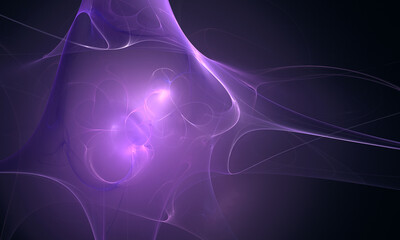 Elegant violet 3d fluid with glow, curls and swirls in deep dark space. Fantastic and imaginary cosmic sound and rhythm representation. Power of violet flame. Great as backdrop, cover, design element.