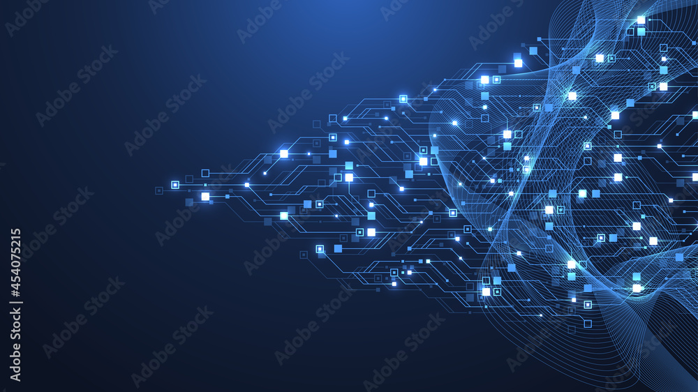 Poster Technology abstract circuit board texture background. High-tech futuristic circuit board banner wallpaper. Digital data. Engineering electronic motherboard illustration