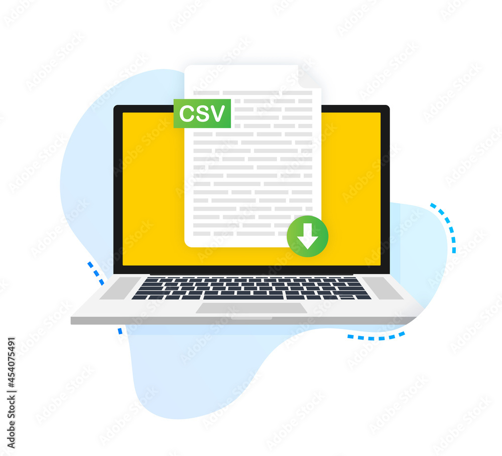 Poster download csv button on laptop screen. downloading document concept. file with csv label and down arr