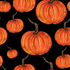 watercolor seamless pattern round pumpkins on black background
