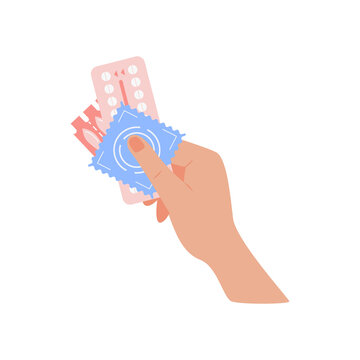 Person Holding In Hand Different Types Of Contraception. Birth Control Methods Concept. Condom And Hormonal Contraceptive Pills For Safe Sex. Vector Flat Illustration Isolated On White Background.