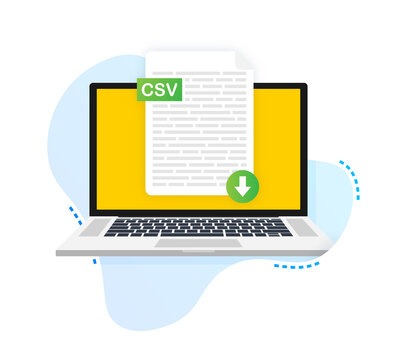 Download CSV button on laptop screen. Downloading document concept. File with CSV label and down arrow sign. Vector illustration