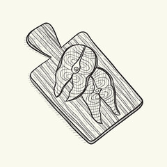 Fish fillet  on the kitchen board. Hand drawn vector illustration