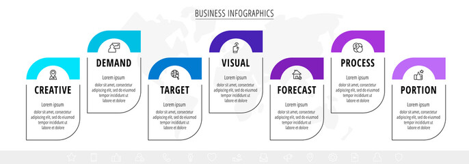 Business line vector infographics with 7 labels. Timeline visualization with seven steps for diagram, flowchart, presentations, web, content, levels, chart, graphic