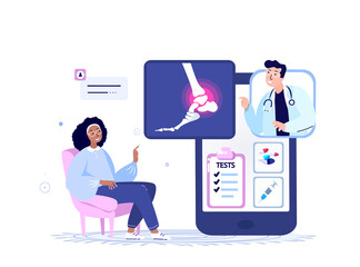 Online Traumatologist Orthopedist Doctor Consultate Woman Patient.Ankle Joint Pain,foot arthritis Inflammation,Osteoarthritis Diagnostic.Internet Treatment.Digital Medical Hospital.Vector Illustration